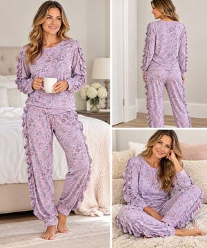 NWT BMG Mia Bella Pink Gray Leopard Print Ruffle Pajama Set Small